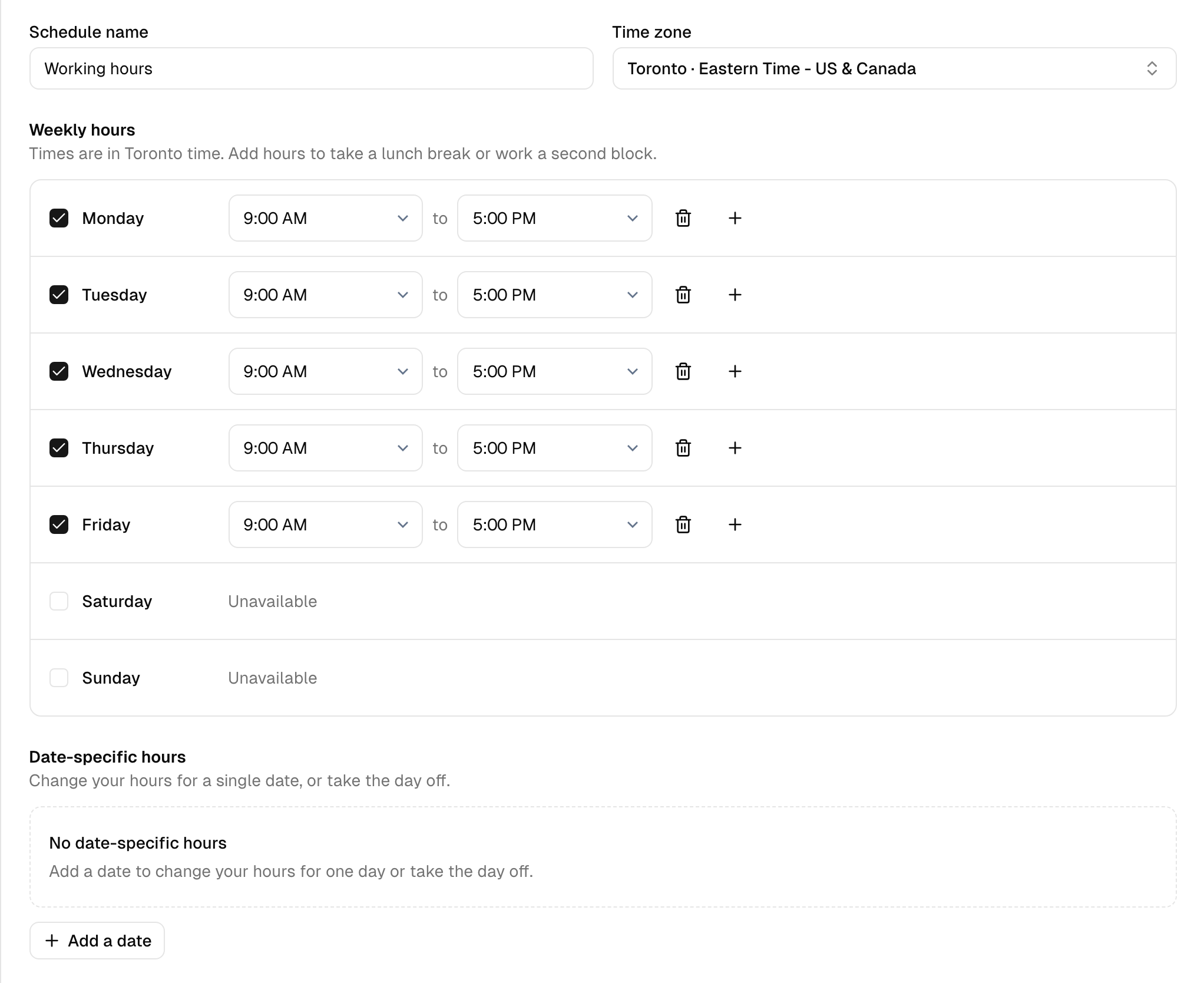 Weekly working hours, time zone and unavailable weekends in Bookify