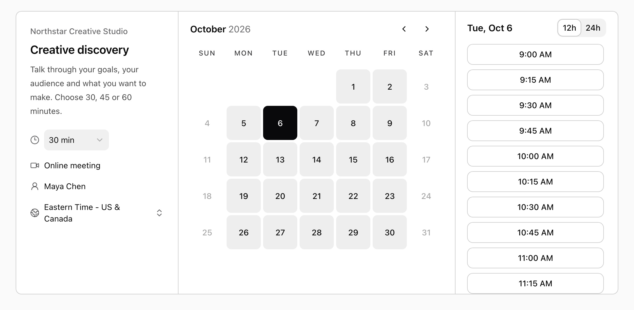 A real Bookify booking page with available October dates and open meeting times