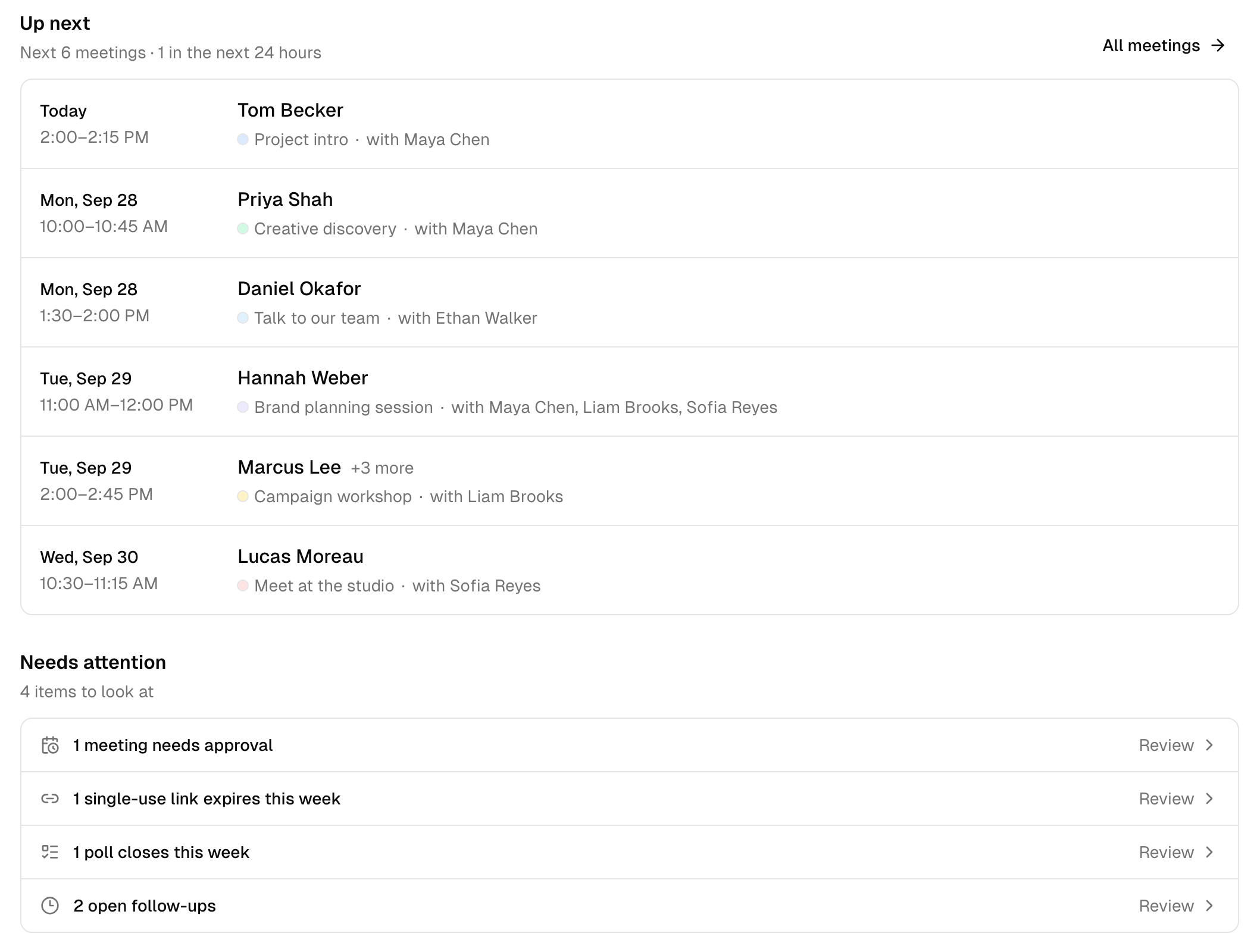 Upcoming meetings and a needs-attention list in the Bookify Meetings workspace