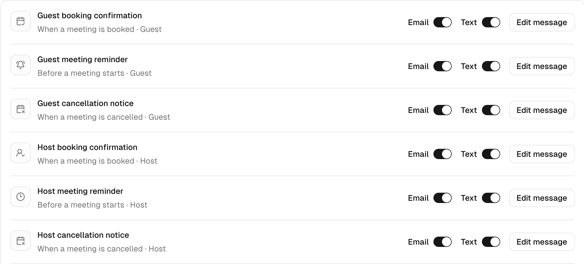 Guest booking confirmation, meeting reminder and cancellation notice with email and text options
